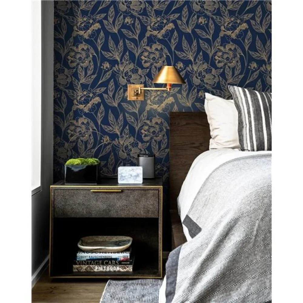 Vinjiasin Peel and Stick Wallpaper Blue and Gold Floral Contact Paper Modern